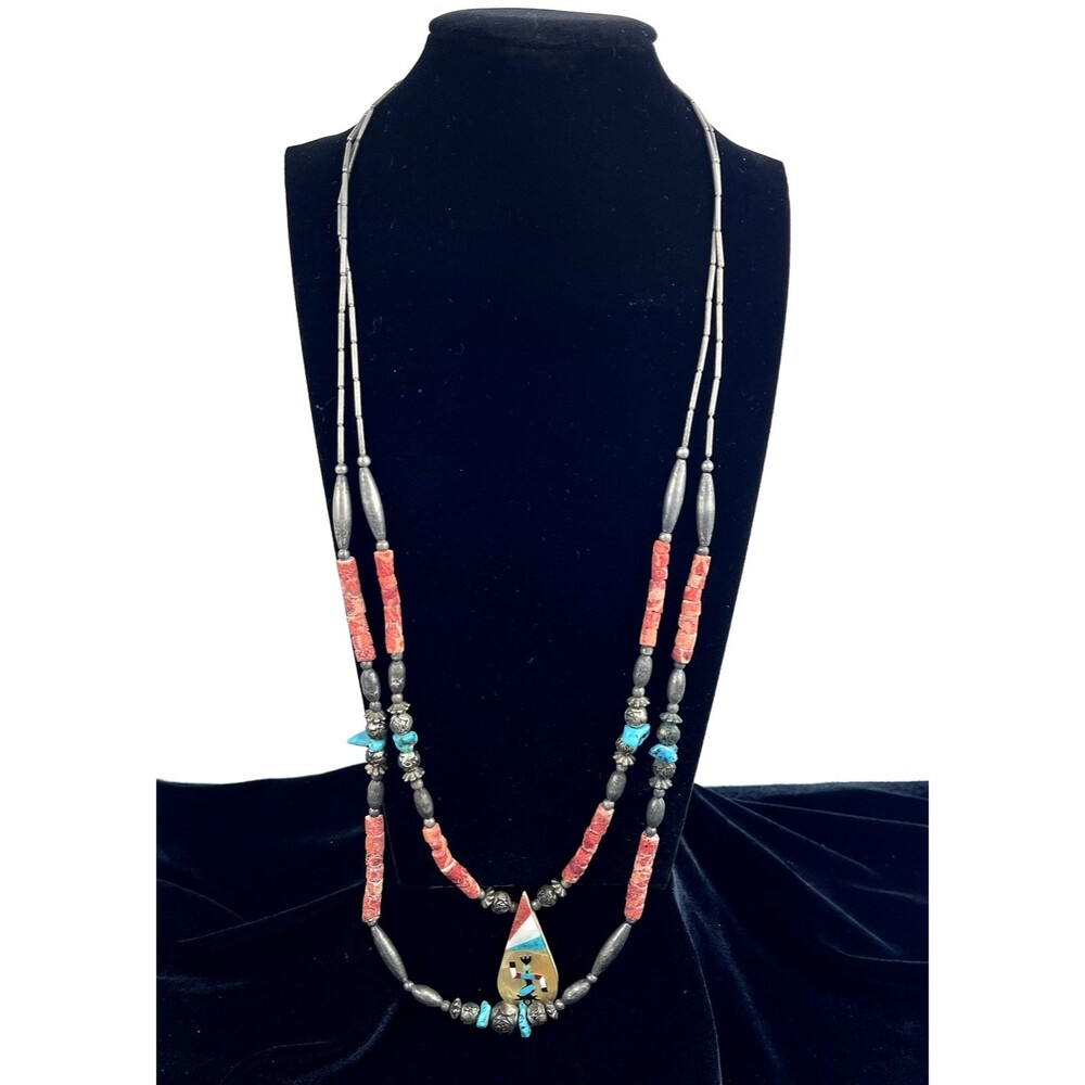 Vintage Southwest Kokopelli Inlay Pendant Necklace Double Strand Coral Turquoise